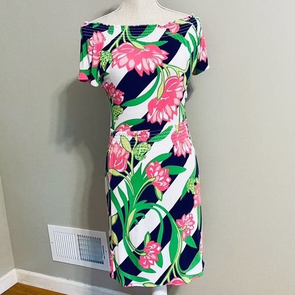 Lilly Pulitzer Dress Knit Stretch Off or On Shoulder Lotus Floral Navy Pink - Picture 1 of 10
